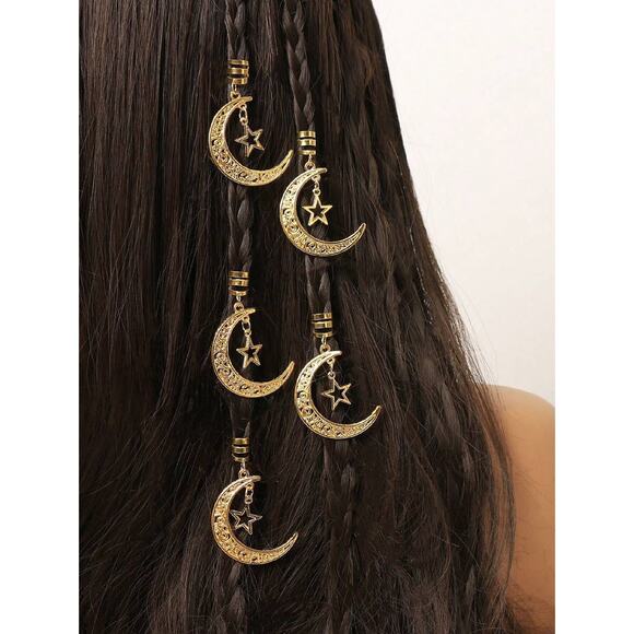 Gold Crescent Moon & Star Hair Charms – Boho Braid Jewelry Clip Set - Picture 1 of 3